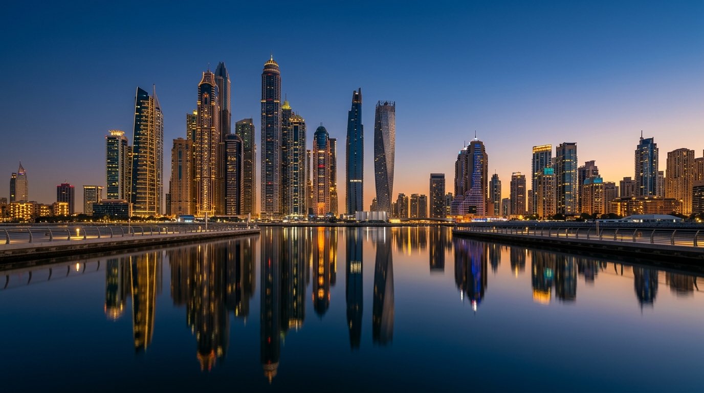 Dubai business district skyline at blue hour